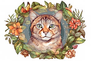 Image of a cat face surrounded by colorful tropical flowers. Pet. Animals. Illustration, Generative AI