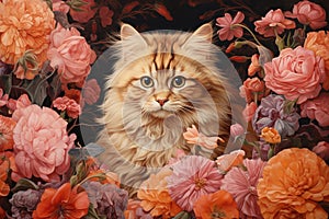 Image of cat is in the garden with beautiful purple flowers. Pet. Animals. Generative AI. Illustration