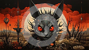 Image of cat with red eyes in front of full moon. Generative AI