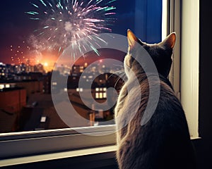 The dog cat is watching fireworks through a window.