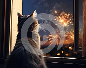 The dog cat is watching fireworks through a window.