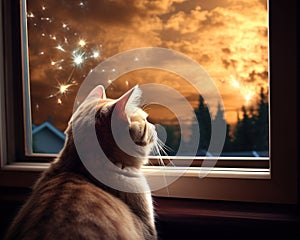 The dog cat is watching fireworks through a window.