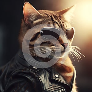 Image of a cat wore sunglasses and wore a black leather jacket on clean background. Pet. Animals. Illustration, Generative AI