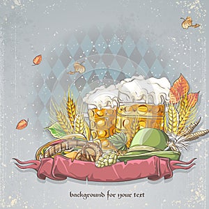 Image of a celebratory background oktoubest the steins of beer, hops, cones and autumn leaves