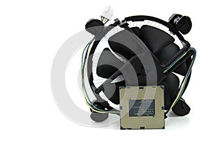 Image of Central Processing Unit and CPU cooling fan isolated o