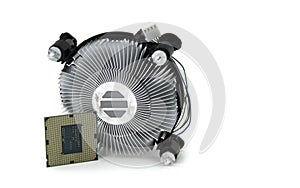 Image of Central Processing Unit and CPU cooling fan isolated o