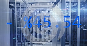 Image of changing numbers, data processing and light spots against computer server room