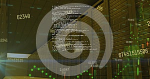 Image of changing numbers, graphs, computer language over data server room