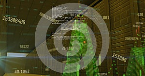 Image of changing numbers, graphs, computer language over data server room