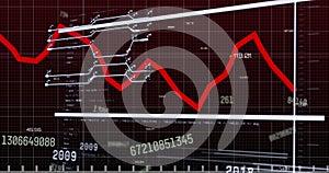 Image of changing numbers and interface with statistical data processing on black background