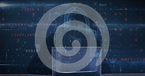 Image of changing numbers, letters and padlock over hacker using computer