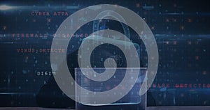 Image of changing numbers, letters and padlock over hacker using computer