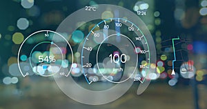 Image of changing numbers in speedometers and navigation pattern over blurred vehicles on street