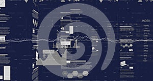 Image of charts, graphs and processing data on black background