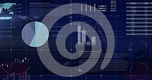 Image of charts and graphs processing data over city buildings at night