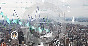 Image of charts and graphs processing data over cityscape