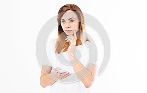 Image of cheerful cute beautiful young woman chatting by mobile phone isolated over white background. Looking at camera