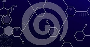 Image of chemical formula over data processing on black background