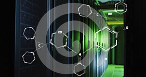 Image of chemical structures against computer server room