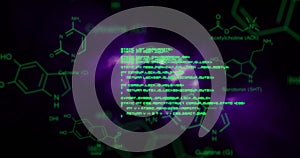 Image of chemical structures and data processing over purple digital waves on black background