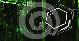 Image of chemical structures floating against computer server room