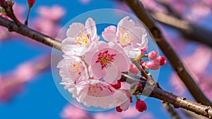 Image Cherry blossom tree macro detail with pink blue background