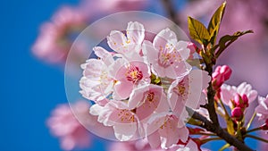 Image Cherry blossom tree macro detail with pink blue background