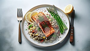 An image of Cherry Chipotle Salmon fillet, atop a bed of wild rice pilaf