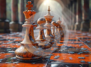 Image for chess scene in 3d. A collection of chess pieces arranged on a table surface