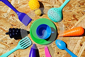 Image of children`s dishes close-up. Copy space. Top view