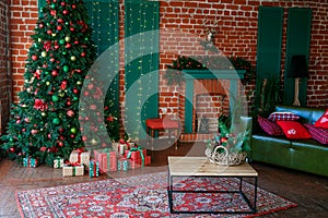 Image of chimney and decorated Christmas tree with gift.