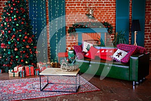 Image of chimney and decorated Christmas tree with gift.