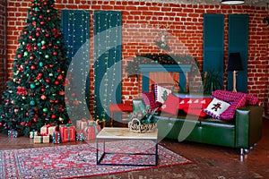 Image of chimney and decorated Christmas tree with gift.