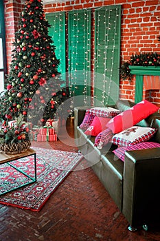 Image of chimney and decorated Christmas tree with gift.