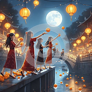 image of Chinese girl tossing mandarin orange by the bridge into the river during Chap Goh Meh festival at starry night.