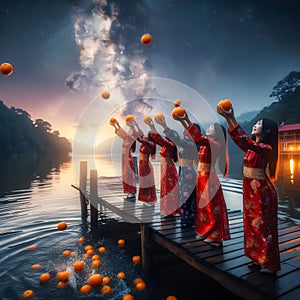 image of Chinese girl tossing mandarin orange by the bridge into the river during Chap Goh Meh festival at starry night.