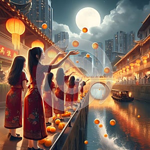 image of Chinese girl tossing mandarin orange by the bridge into the river during Chap Goh Meh festival at starry night.