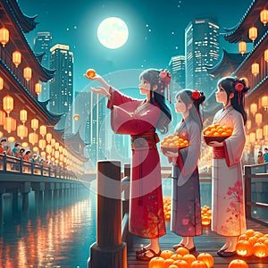 image of Chinese girl tossing mandarin orange by the bridge into the river during Chap Goh Meh festival at starry night.