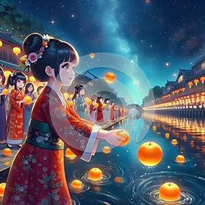 image of Chinese girl tossing mandarin orange by the bridge into the river during Chap Goh Meh festival at starry night.