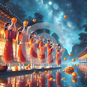 image of Chinese girl tossing mandarin orange by the bridge into the river during Chap Goh Meh festival at starry night.