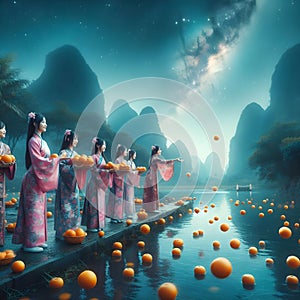 image of Chinese girl tossing mandarin orange by the bridge into the river during Chap Goh Meh festival at starry night.