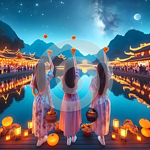 image of Chinese girl tossing mandarin orange by the bridge into the river during Chap Goh Meh festival at starry night.