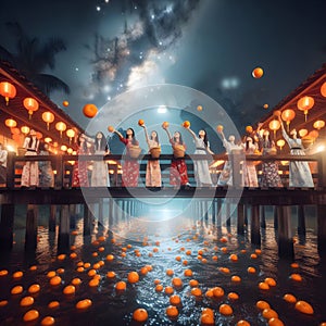 image of Chinese girl tossing mandarin orange by the bridge into the river during Chap Goh Meh festival at starry night.