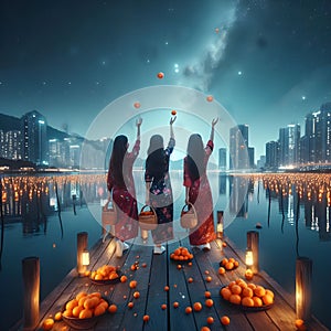 image of Chinese girl tossing mandarin orange by the bridge into the river during Chap Goh Meh festival at starry night.