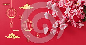 Image of chinese pattern and blossom decoration on red background