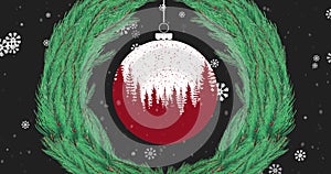 Image of christmas ball and wreath over snow falling on black background