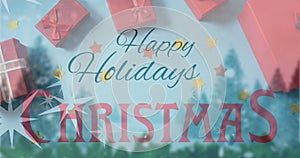 Image of christmas greetings text over christmas presents and decorations