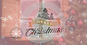 Image of christmas greetings text over christmas tree and decorations