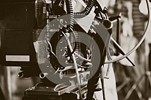 Image of Cinema Camera on Film Set, Behind the scenes background, film crew production