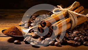 cinnamon sticks coffee beans and spoon on wooden table closeup macro shot , copy space for text